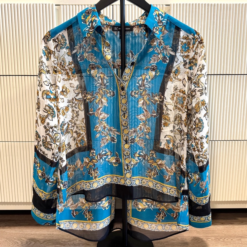 Floral Sheer Blouse with Blue and Black Accents. Women’s size petite small.